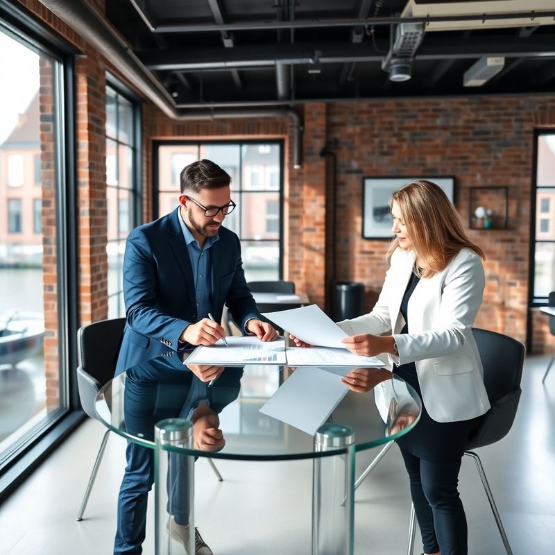 Twee professionals bekijken financiële documenten aan een glazen tafel