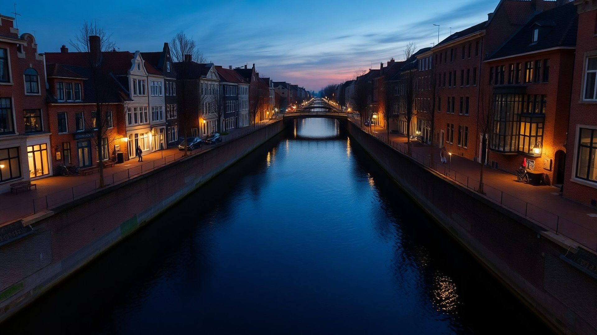 Utrechtse gracht bij schemering in indigoblauwe tinten